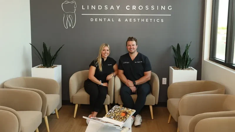 Dr. Bringhurst and Katelin in the Lindsay Crossing Dental reception area